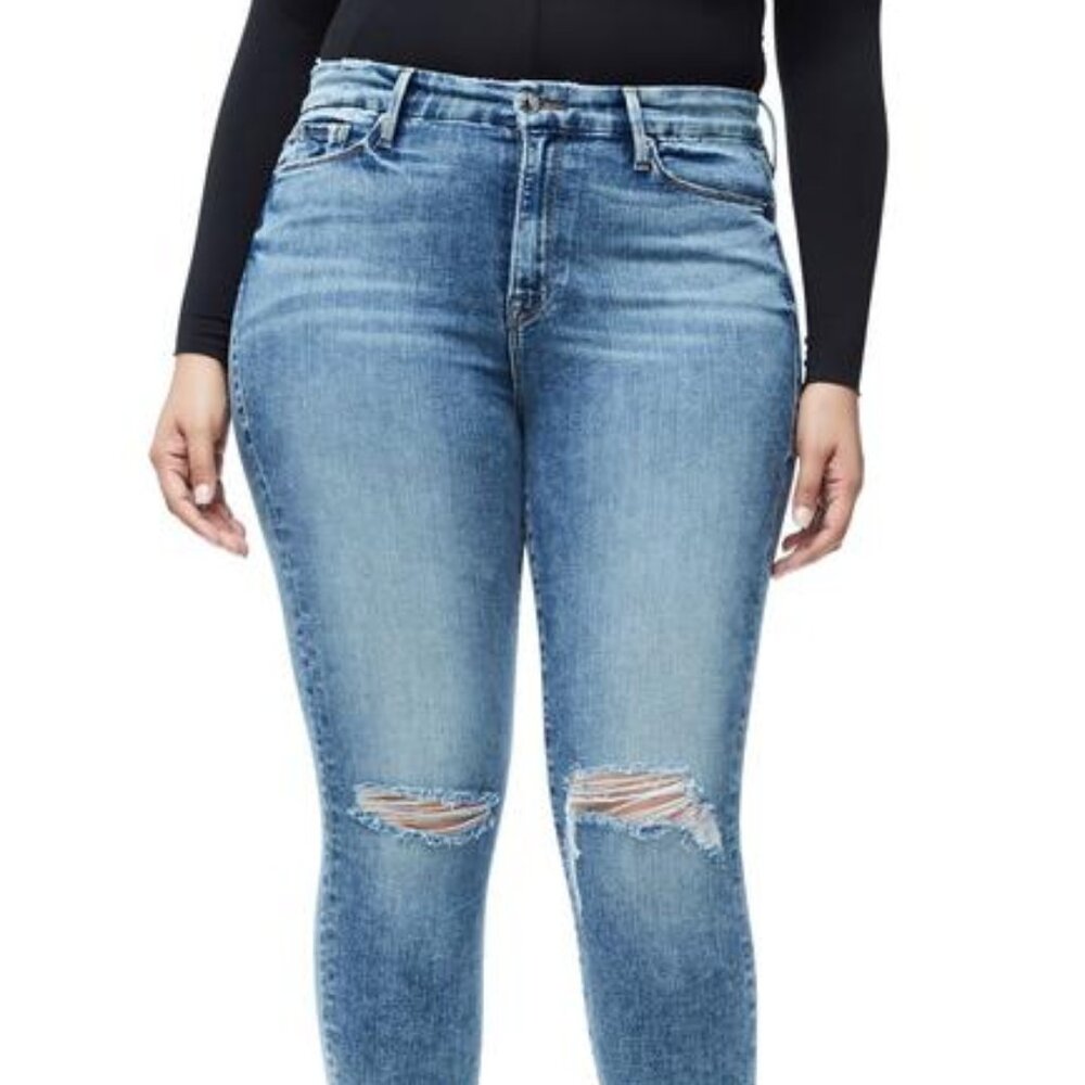 Good American Women's Blue Distress High-Rise Good Leg Skinny Jeans Size 10